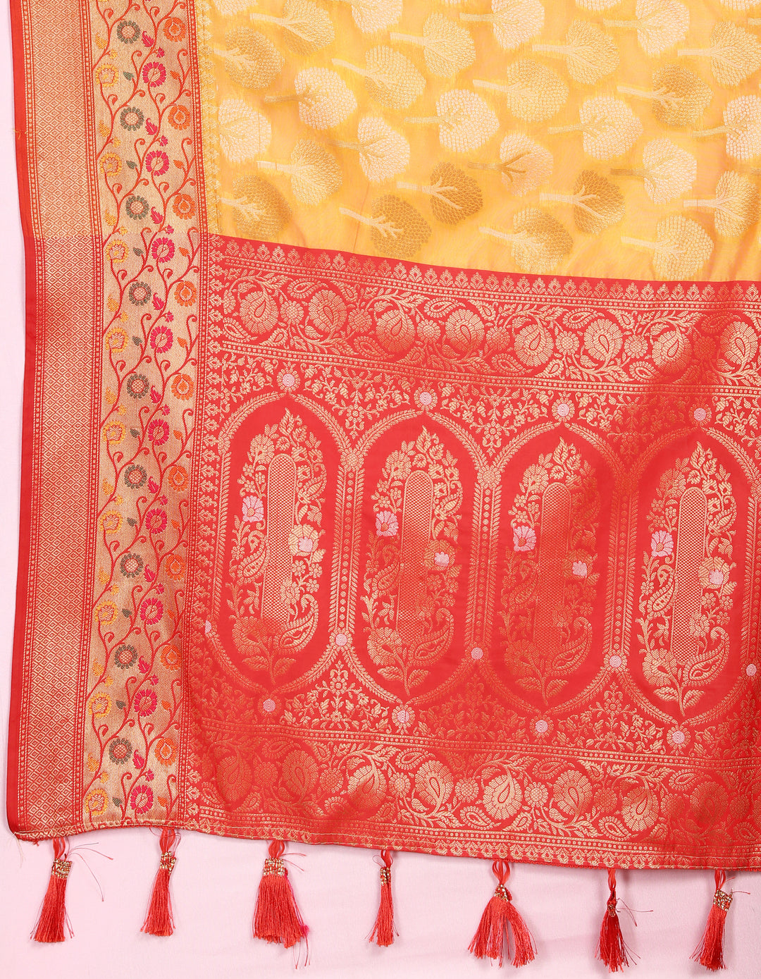 Beautiful yellow Meenakari Organza silk saree with exquisite weaving, ideal for special events.