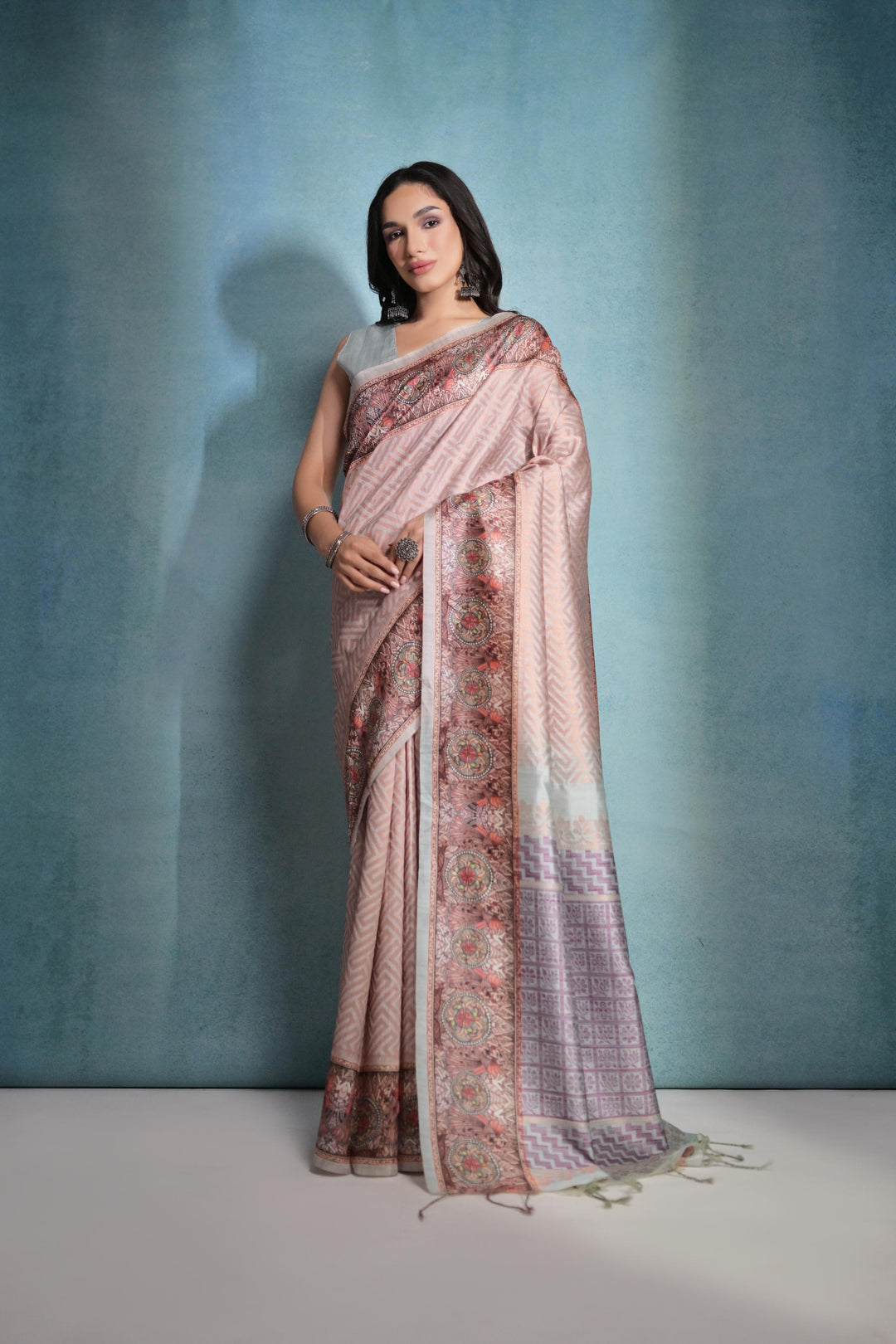 Cotton silk saree with Kalamkari details and floral weaving for American wear