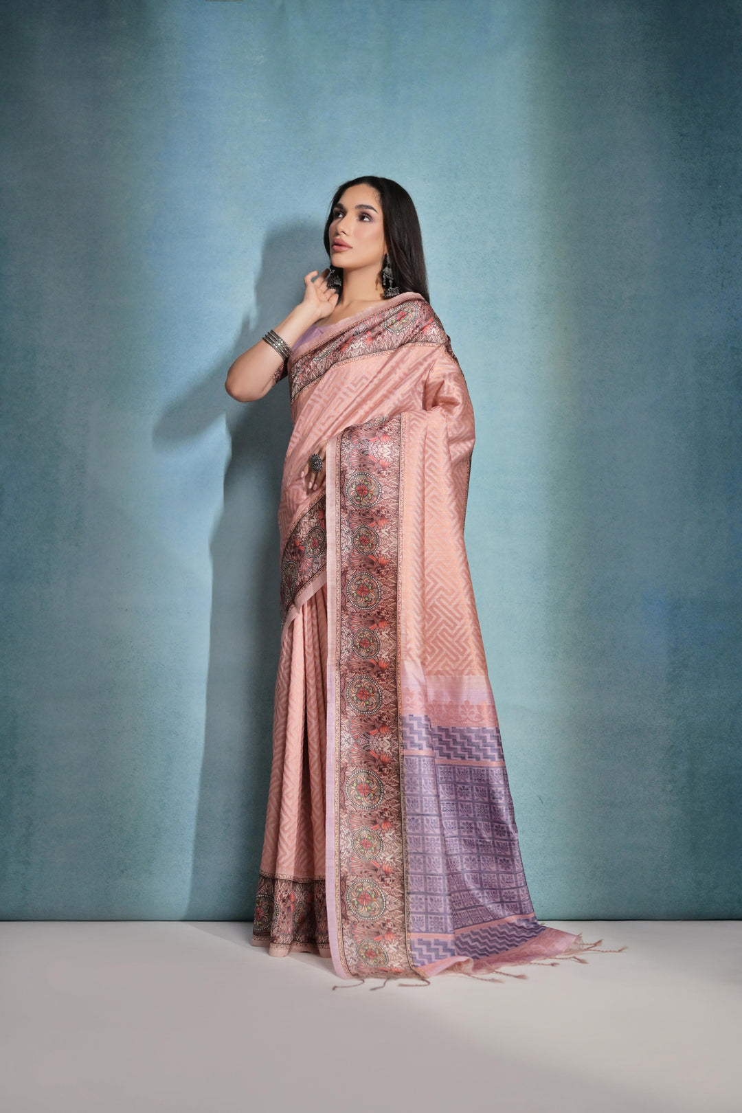 Cotton silk saree with Kalamkari and tassels, crafted for grand USA occasions