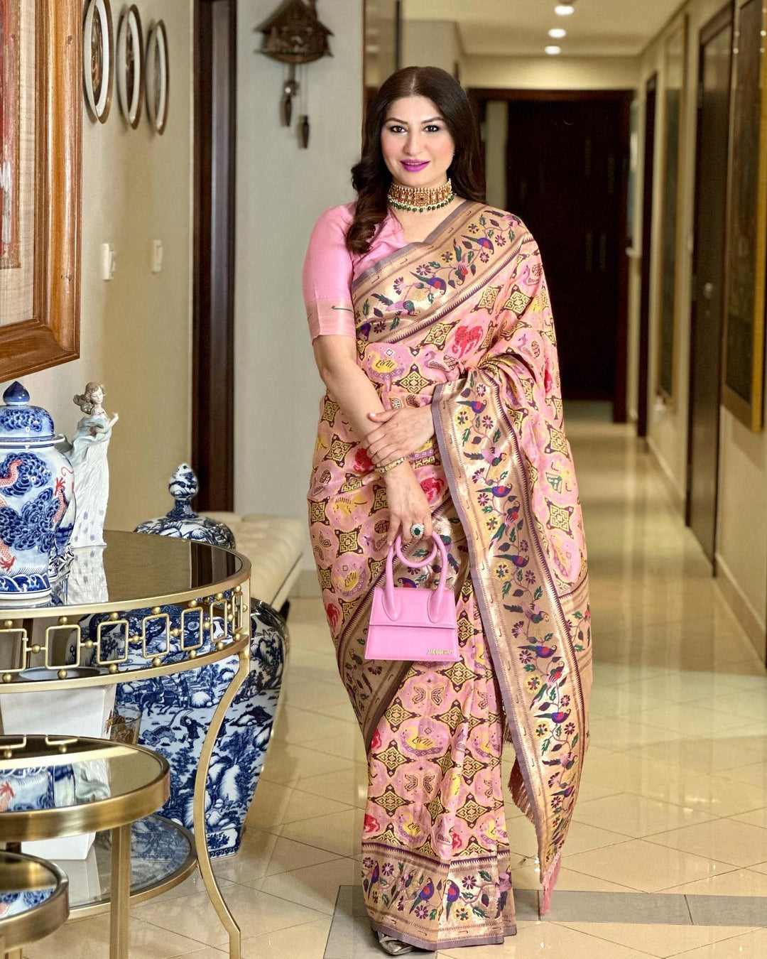 Baby Pink saree with a Paithani-style border, perfect for elegant cultural attire at Indian weddings and special events.