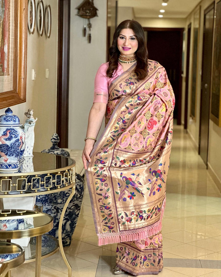 Paithani saree in Baby Pink with exquisite zari and meena work, perfect for showcasing your ethnic fashion at weddings.