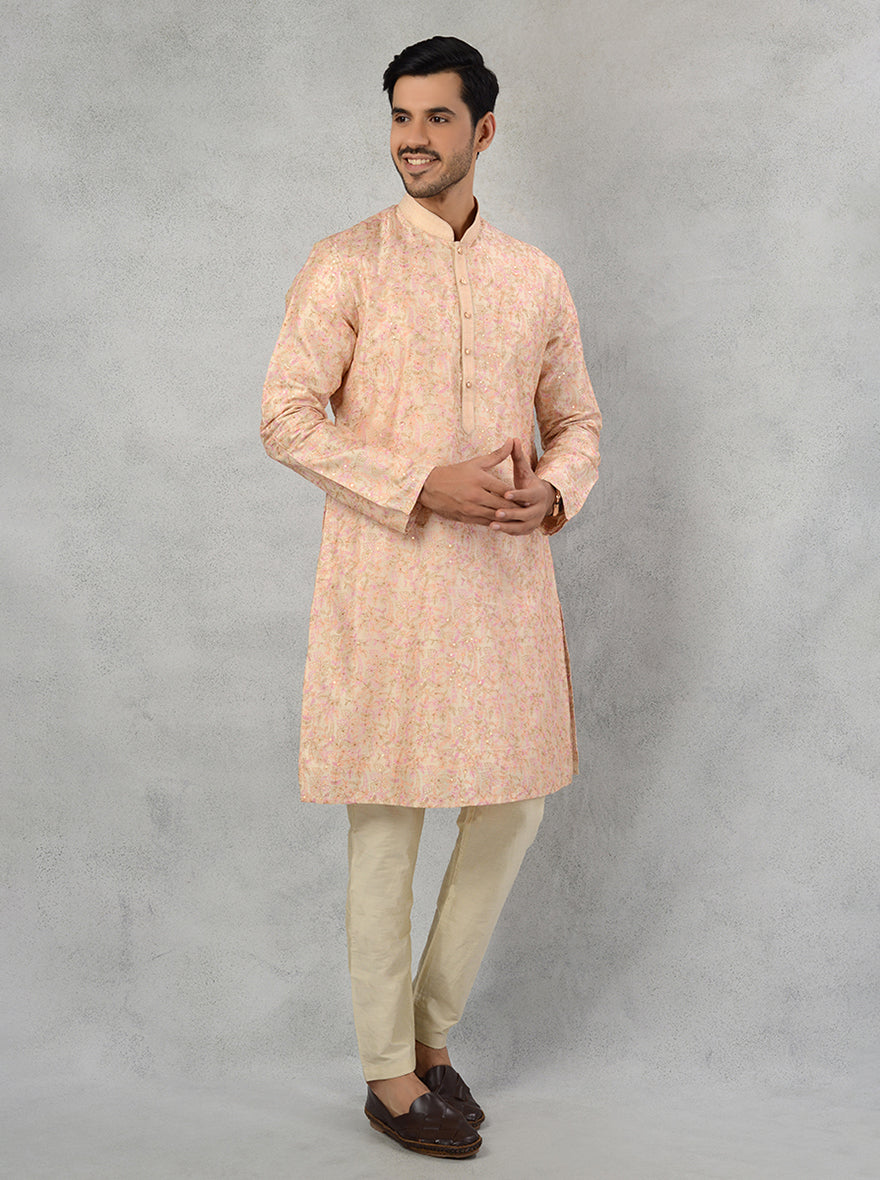 Fawn Silk Blend Kurta Pajama with Resham & Sequin Detailing, Ideal for Celebrations