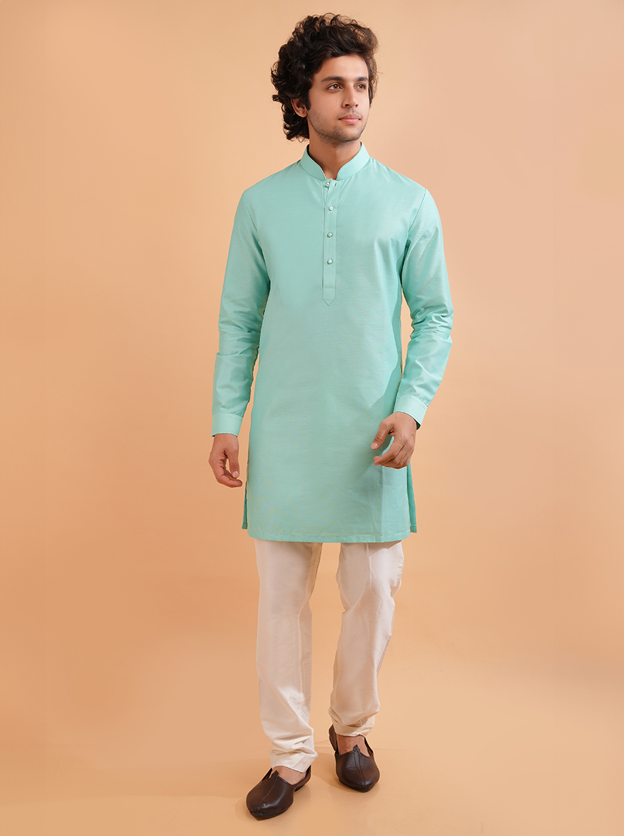 Experience comfort and style in the USA with this Aqua Blue Silk Blend Kurta Pajama, ideal for various events.