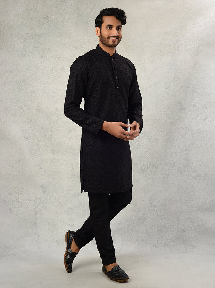 Black Kurta Pajama for Men with Embroidery, Ideal for Formal and Festive Occasions