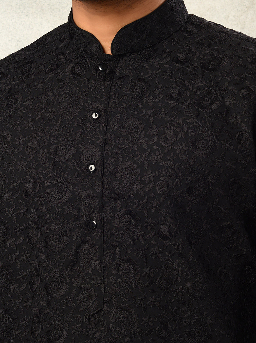 Festive Black Silk Kurta Pajama for Men, Embroidered Traditional Indian Wear