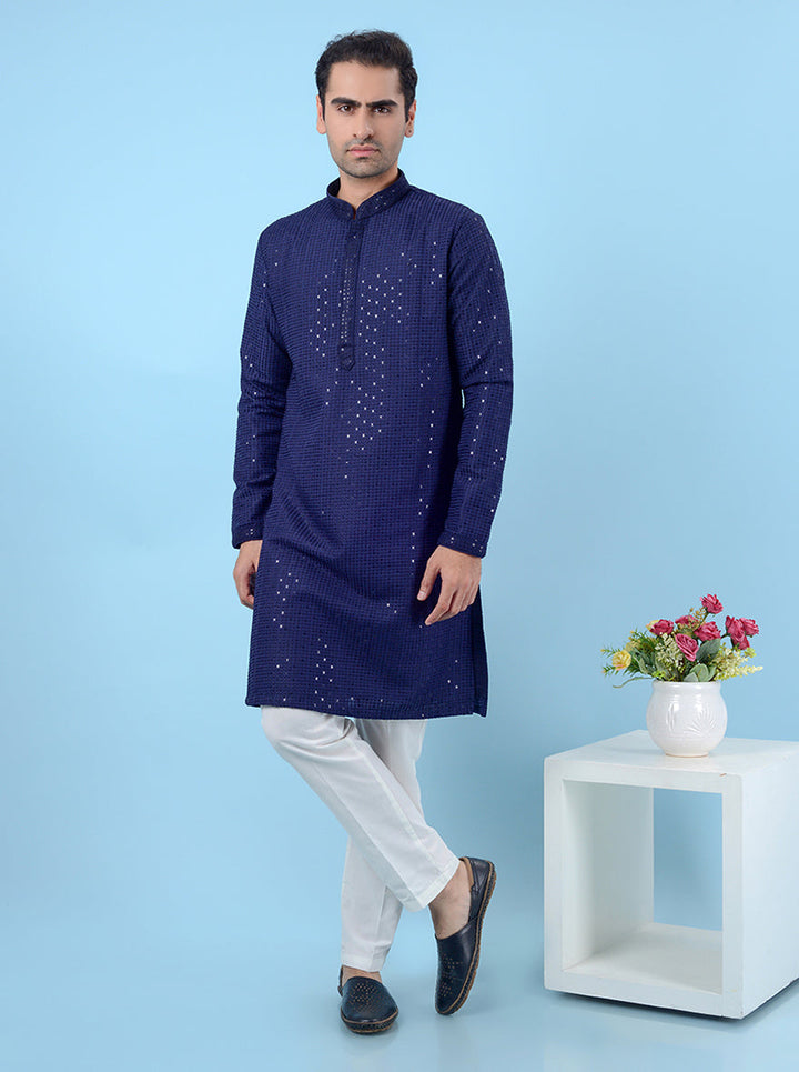 Men’s blue embroidered kurta pajama, crafted for USA wedding and pre-wedding events.