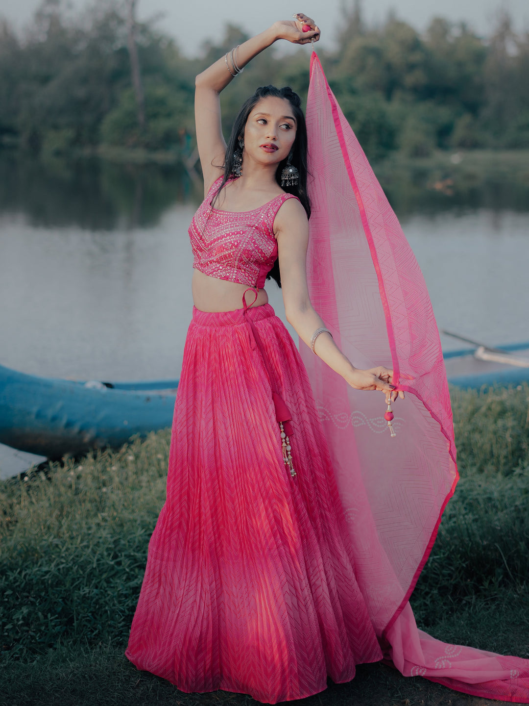 Gorgeous Pink Digital Printed Organza Sangeet Wear Lehenga Choli