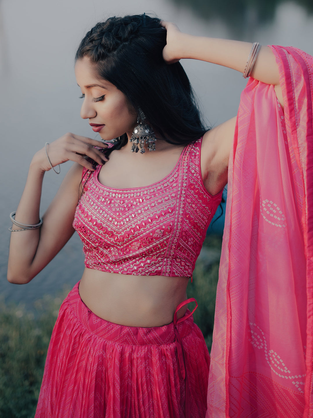 Gorgeous Pink Digital Printed Organza Sangeet Wear Lehenga Choli