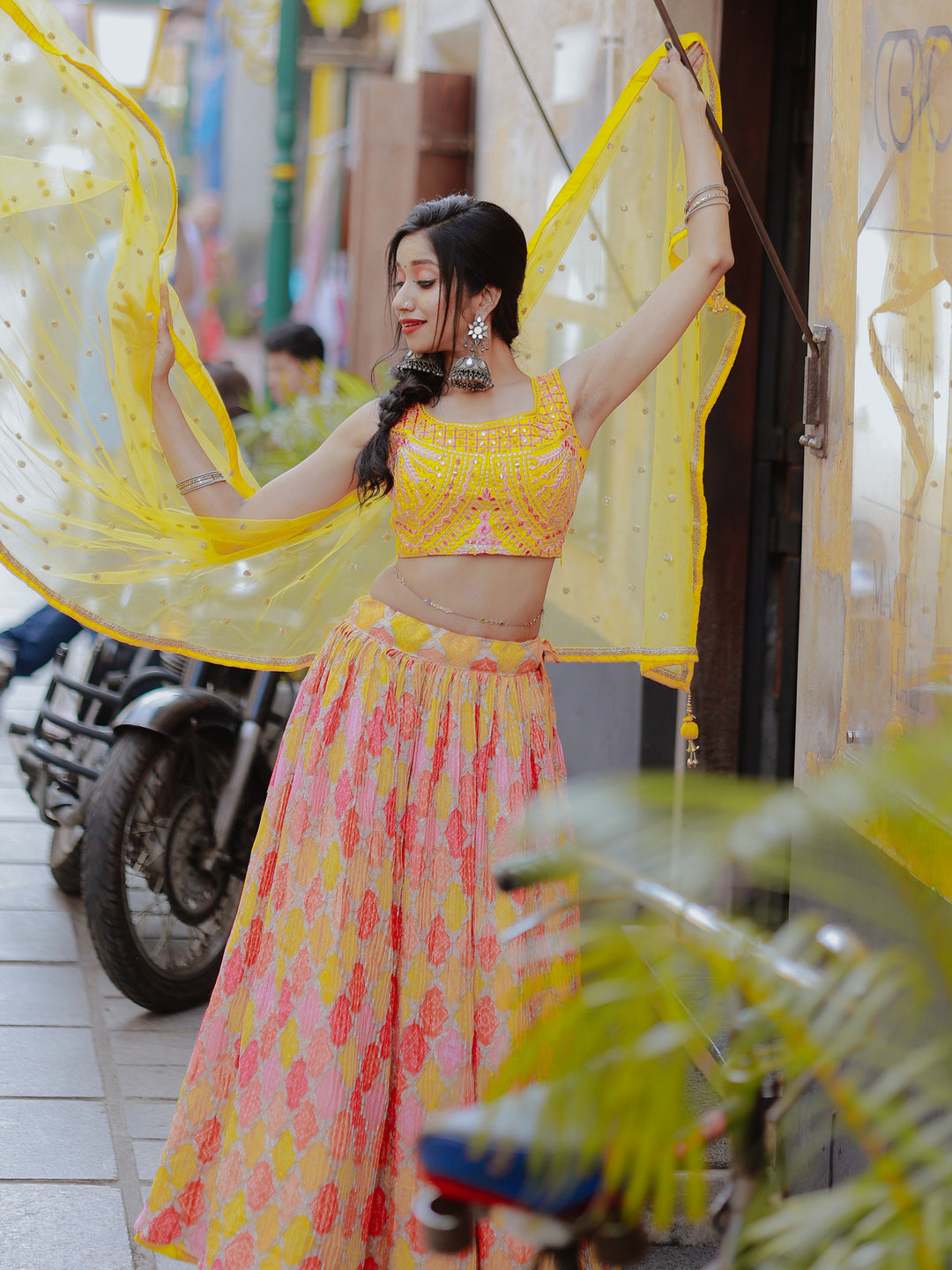 Charming Yellow Printed Organza Haldi Wear Lehenga Choli