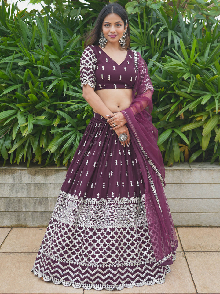 Attractive Wine Sequin Georgette Engagement Wear Lehenga Choli