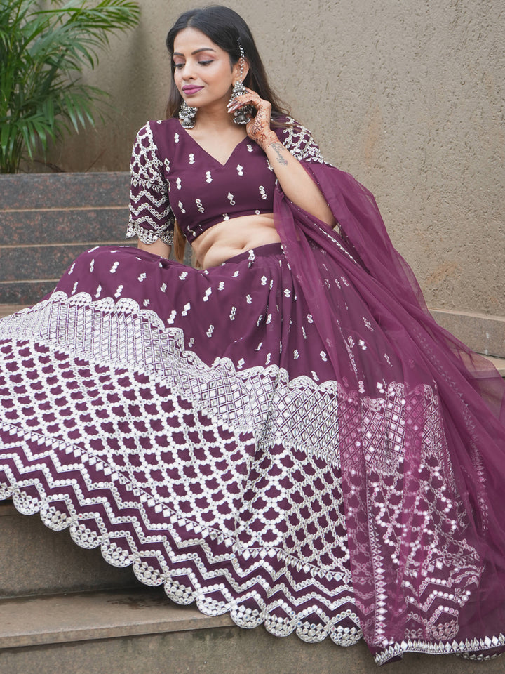 Attractive Wine Sequin Georgette Engagement Wear Lehenga Choli