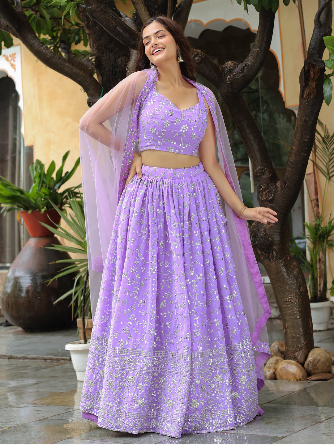 Lovely Lavender Embroidered Georgette Engagement Wear Lehenga Choli