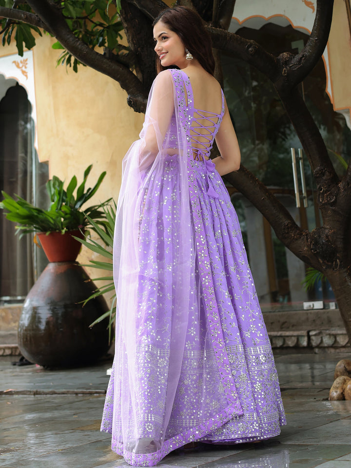 Lovely Lavender Embroidered Georgette Engagement Wear Lehenga Choli