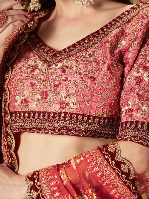 Designer Wedding Lehenga | Maroon Floral Organza & Velvet Lace