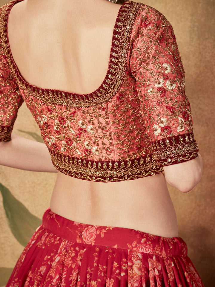 Designer Wedding Lehenga | Maroon Floral Organza & Velvet Lace