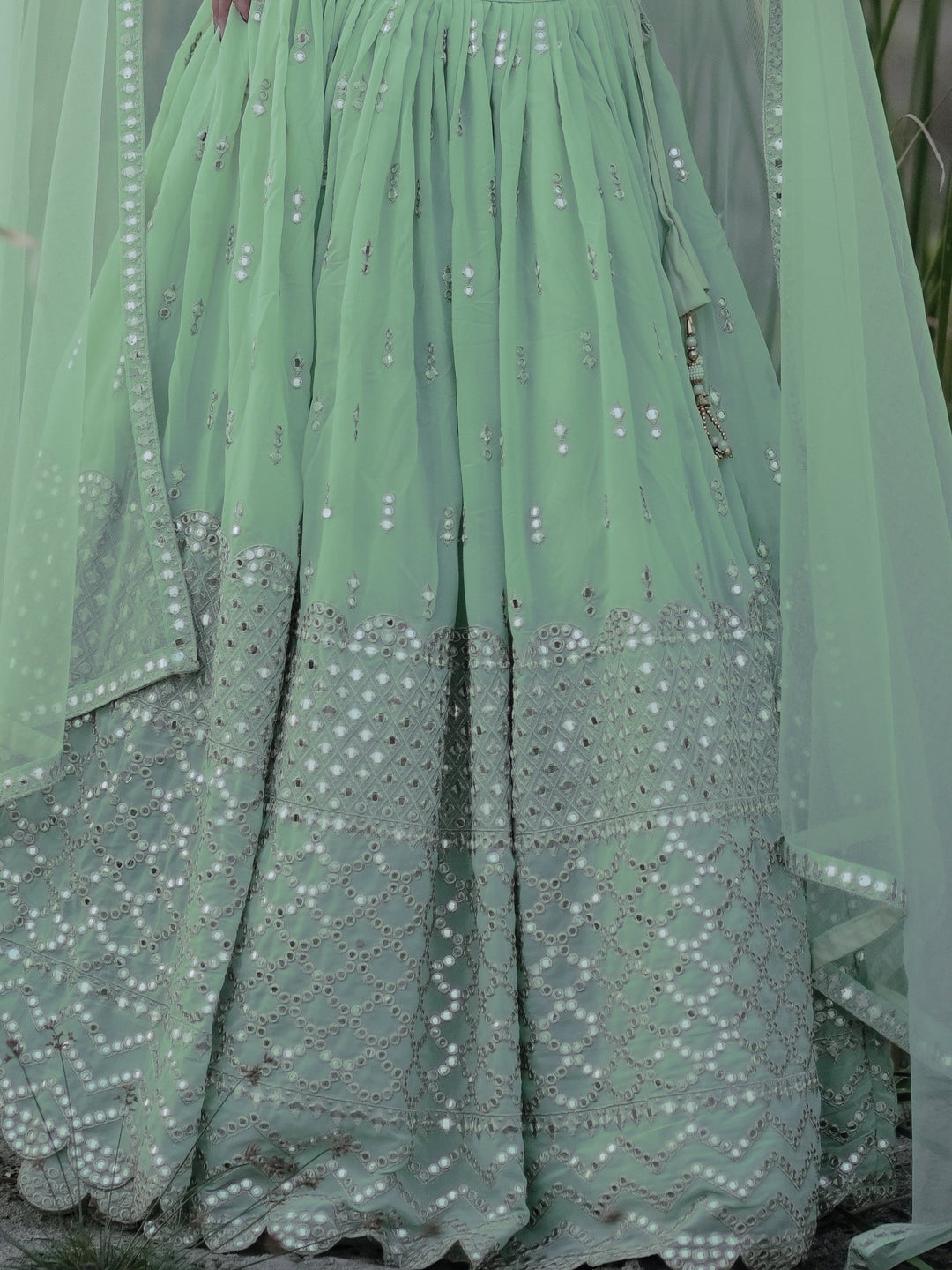 Cute Pastel Green Sequins Georgette Engagement Wear Lehenga Choli