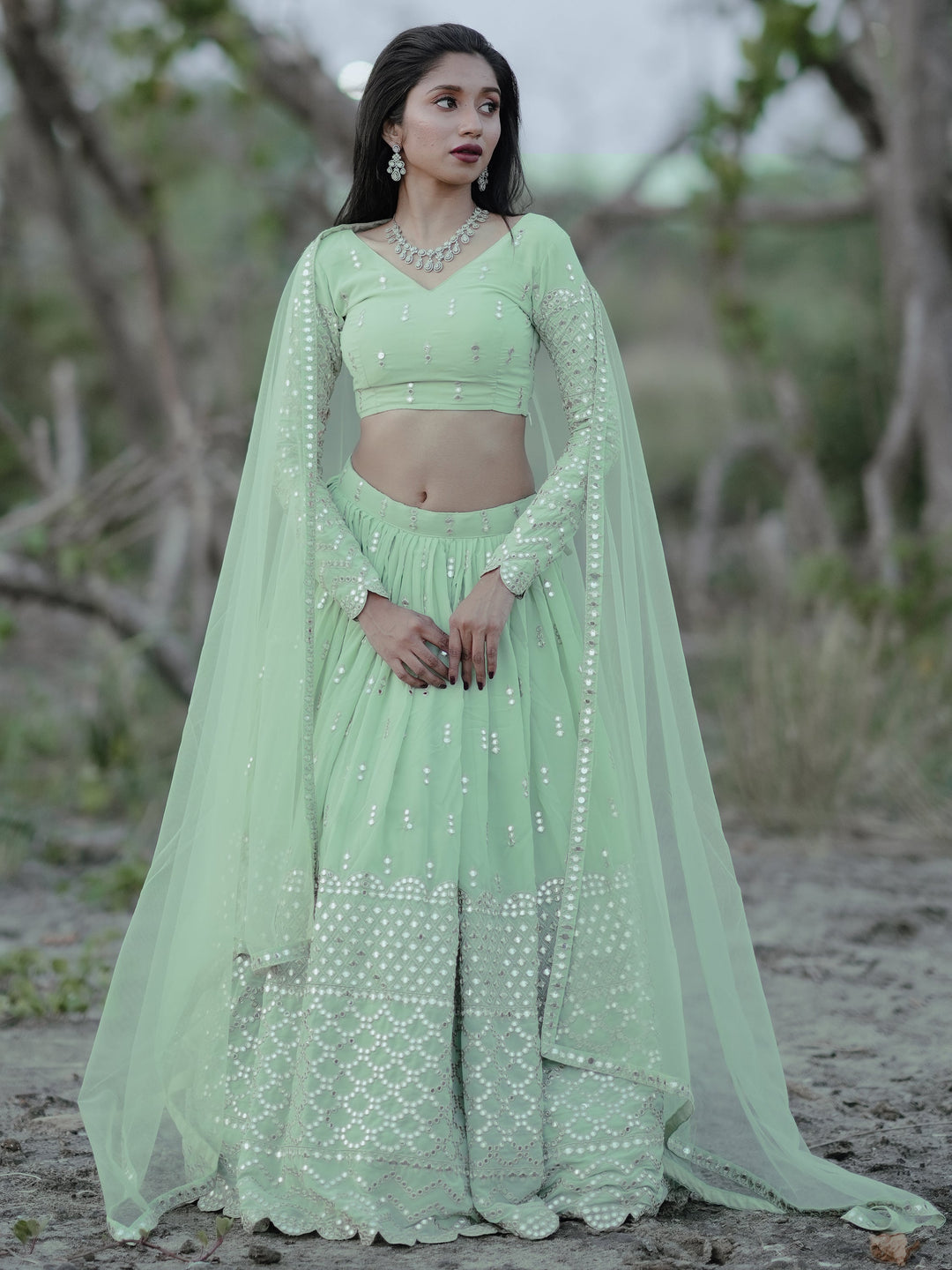 Cute Pastel Green Sequins Georgette Engagement Wear Lehenga Choli