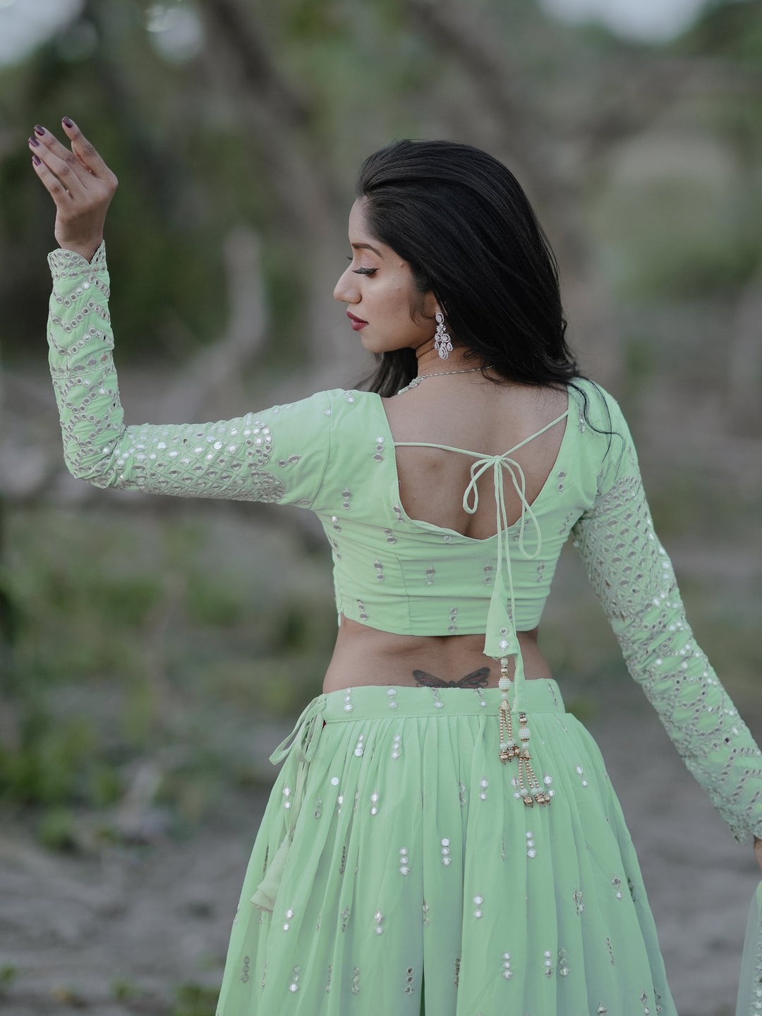 Cute Pastel Green Sequins Georgette Engagement Wear Lehenga Choli