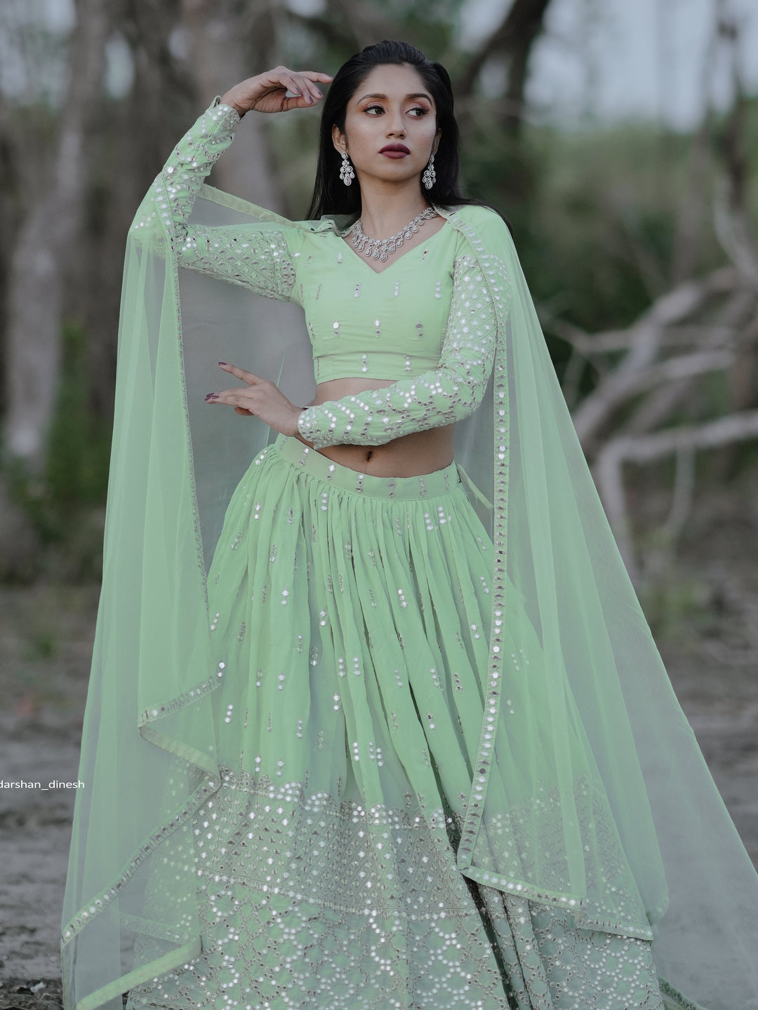 Cute Pastel Green Sequins Georgette Engagement Wear Lehenga Choli