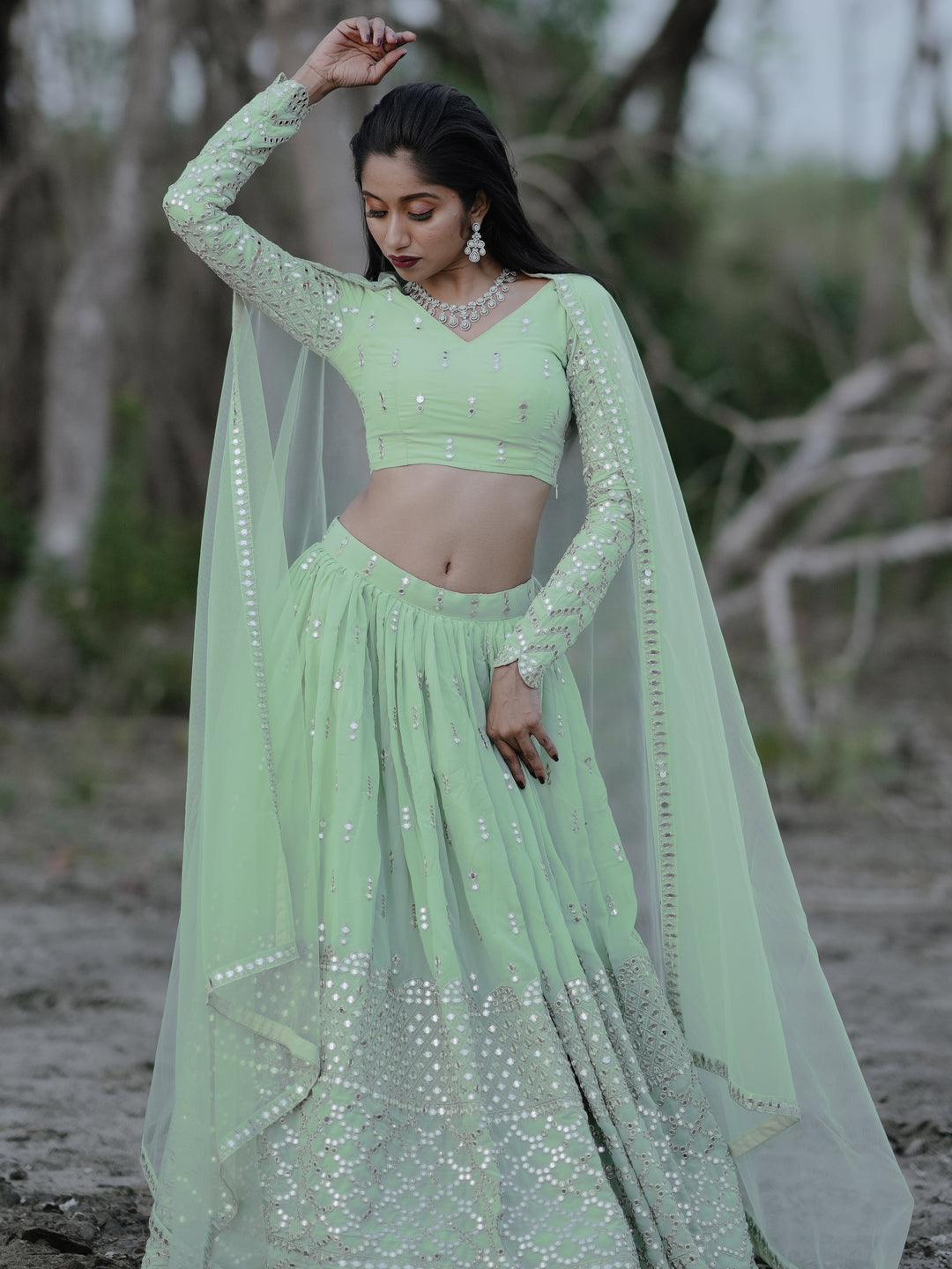 Cute Pastel Green Sequins Georgette Engagement Wear Lehenga Choli