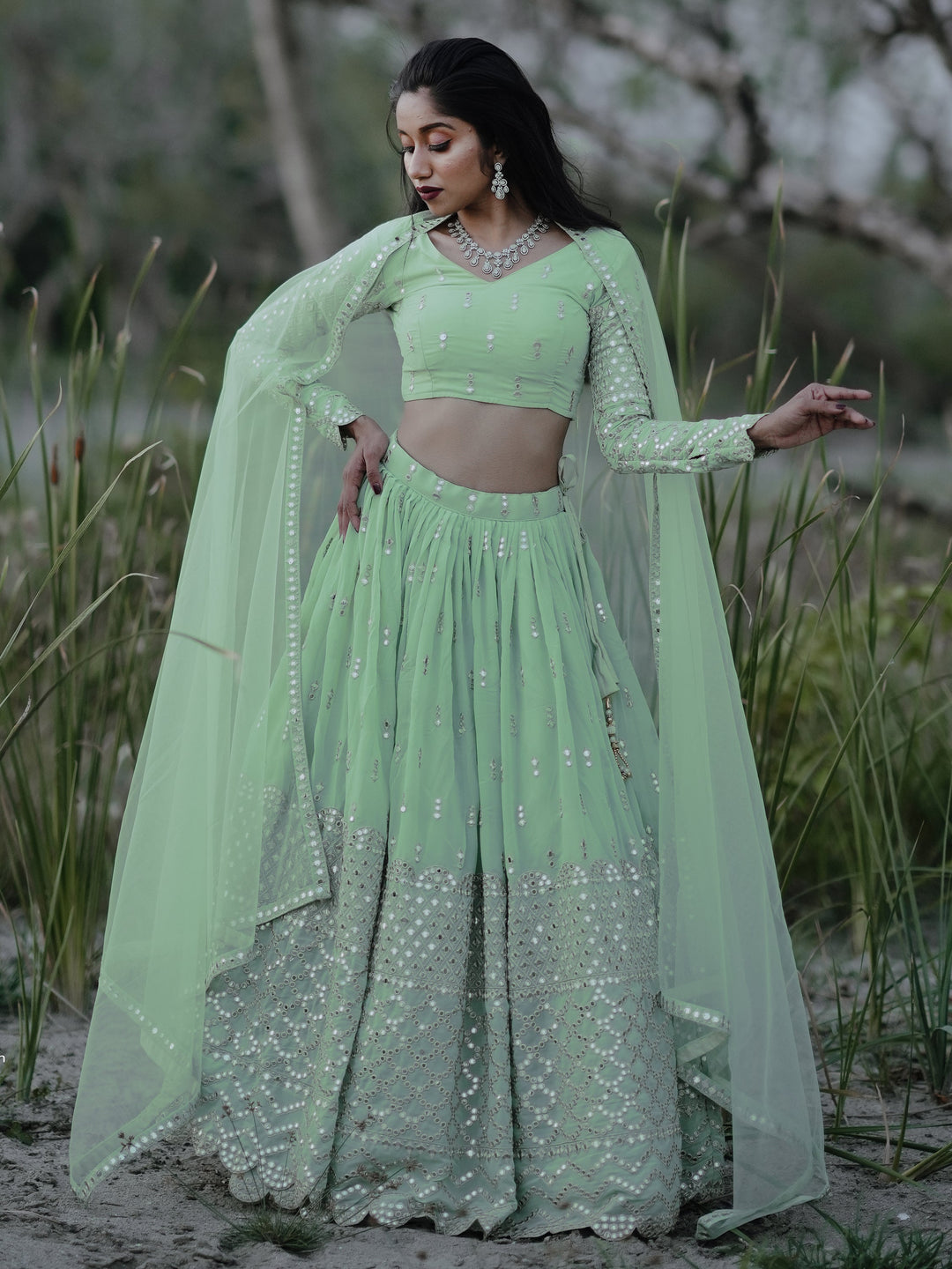 Cute Pastel Green Sequins Georgette Engagement Wear Lehenga Choli