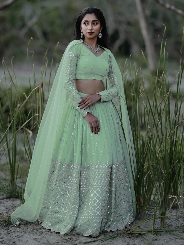 Cute Pastel Green Sequins Georgette Engagement Wear Lehenga Choli