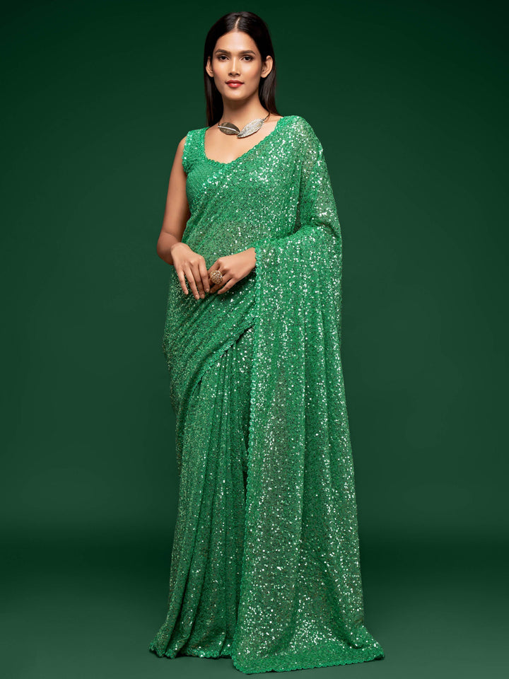 Green georgette saree crafted for elegance and style.