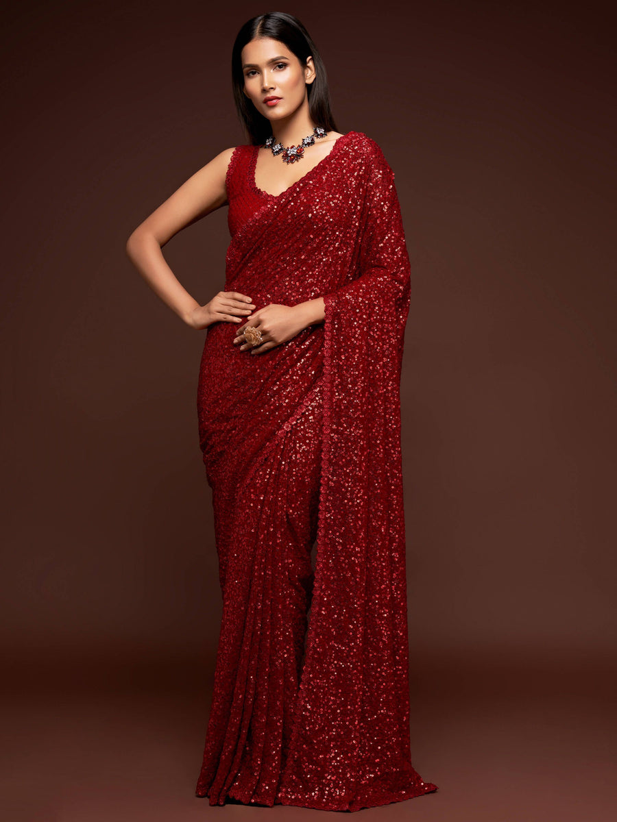 Red georgette saree crafted for elegance and style.