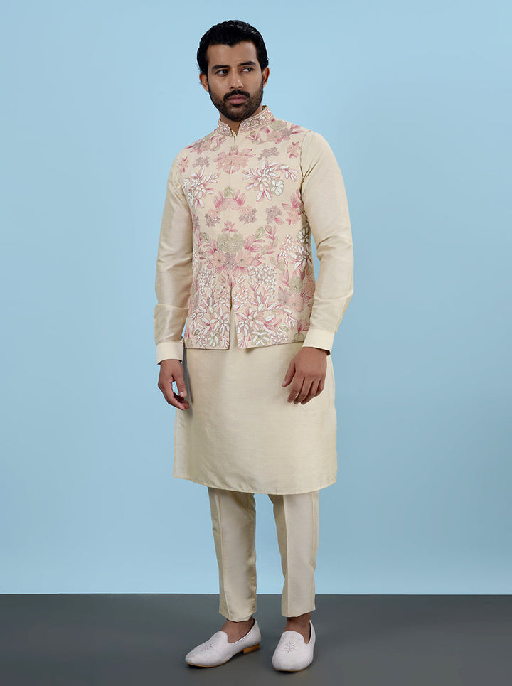 Celebrate in style with our luxurious beige silk kurta set for modern men.