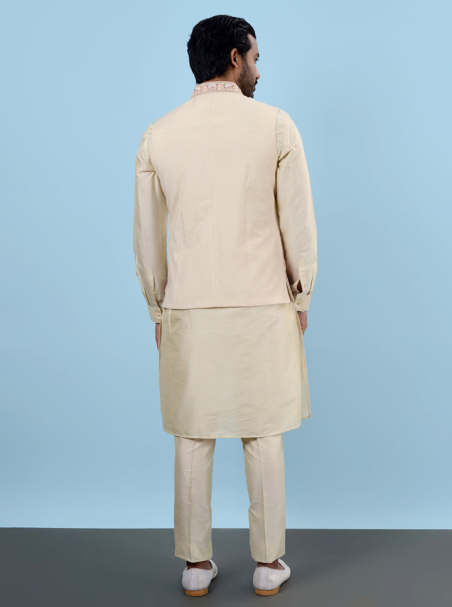 Unique embroidery enhances this beige kurta set, ensuring you look your best at any event.