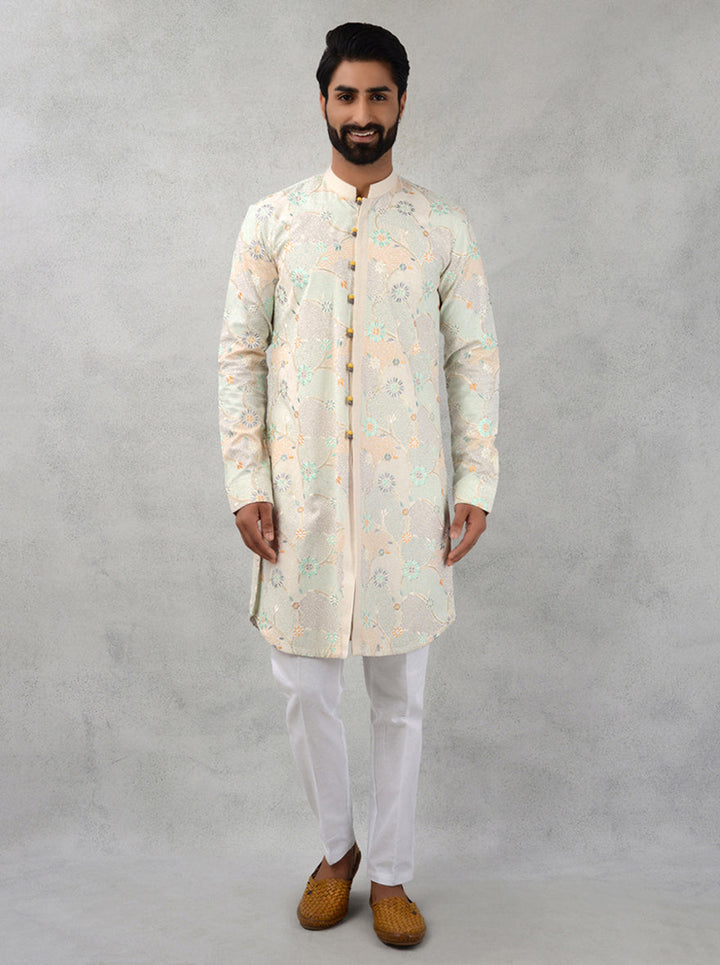 Men’s beige & green embroidered kurta pajama, ideal for sangeet & festive events