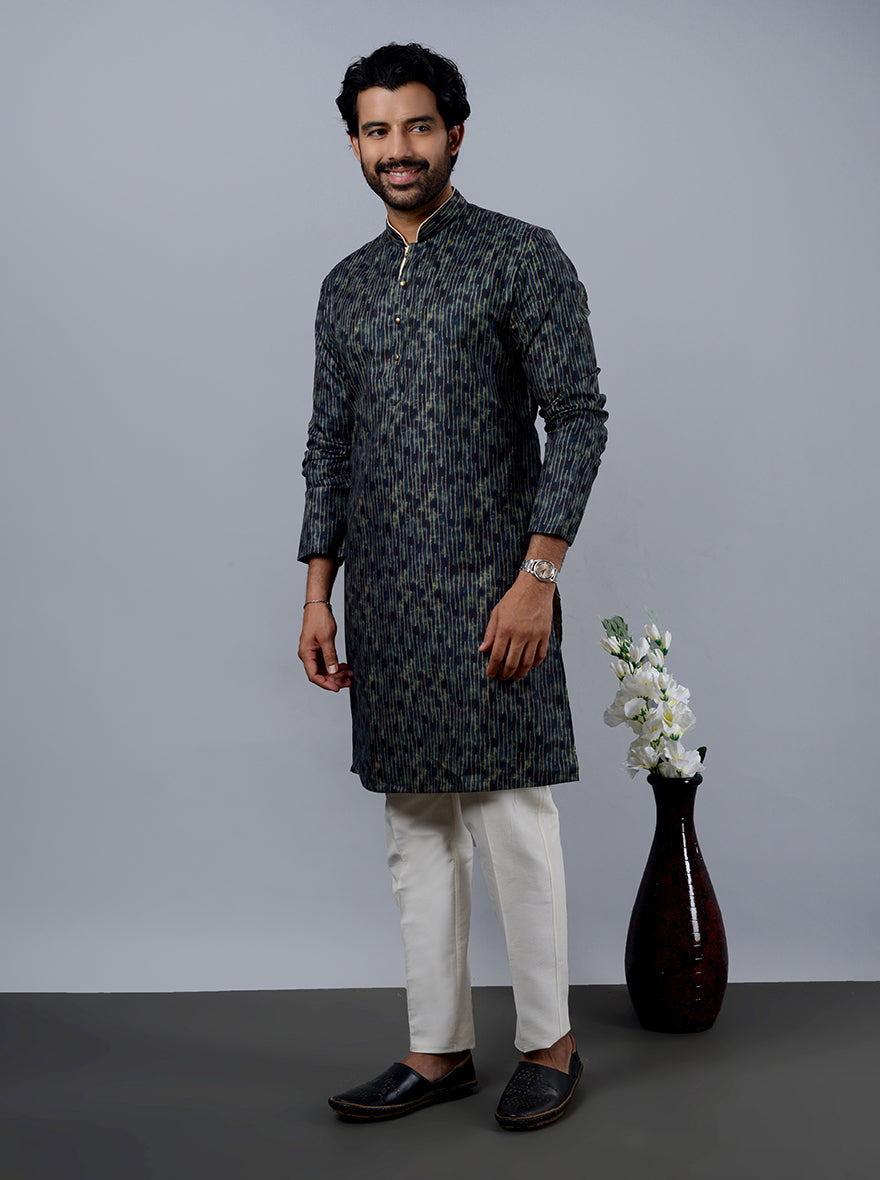 Contemporary Denim Blue Kurta Pajama featuring unique prints, perfect for festive occasions in the USA.