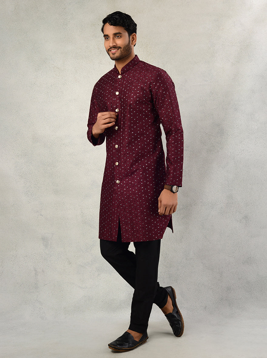 Luxurious maroon silk kurta set, ideal for cultural celebrations and adding elegance to your wardrobe.