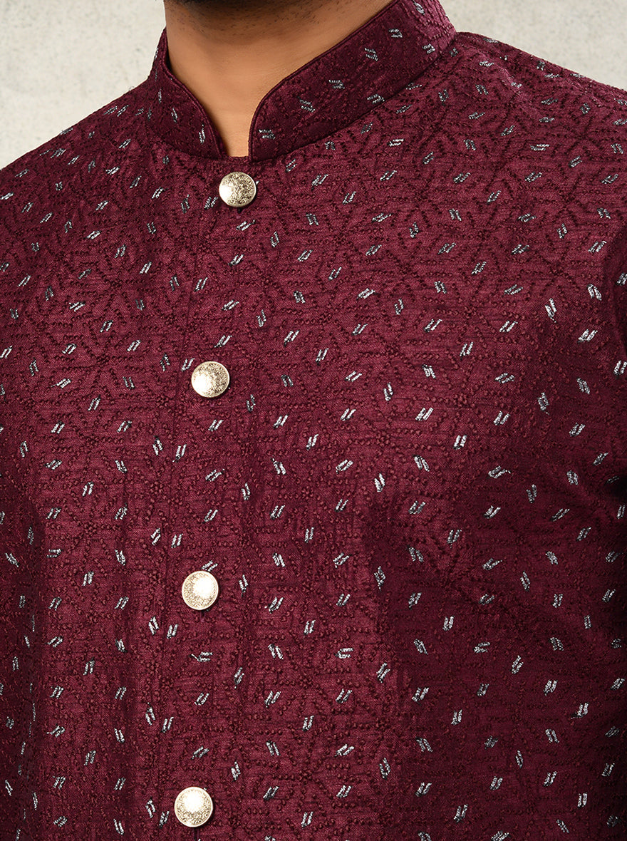 Festive Maroon Silk Kurta Pajama for Men, Embroidered Traditional Indian Wear