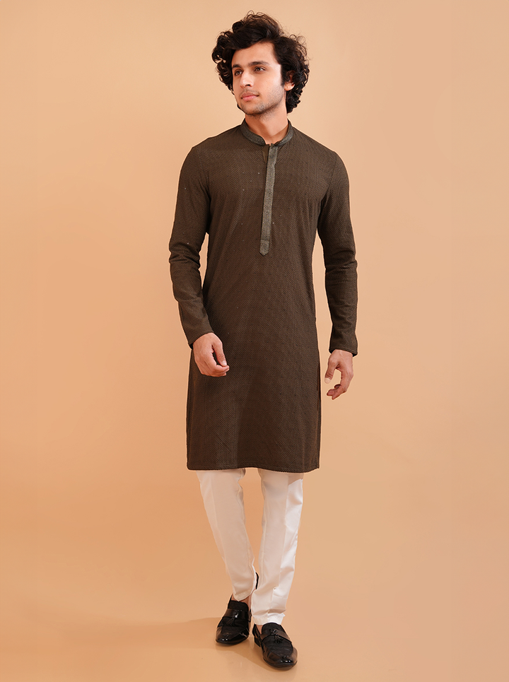 Experience elegance with this Olive Brown Men's Kurta Pajama featuring intricate embroidery for special events.