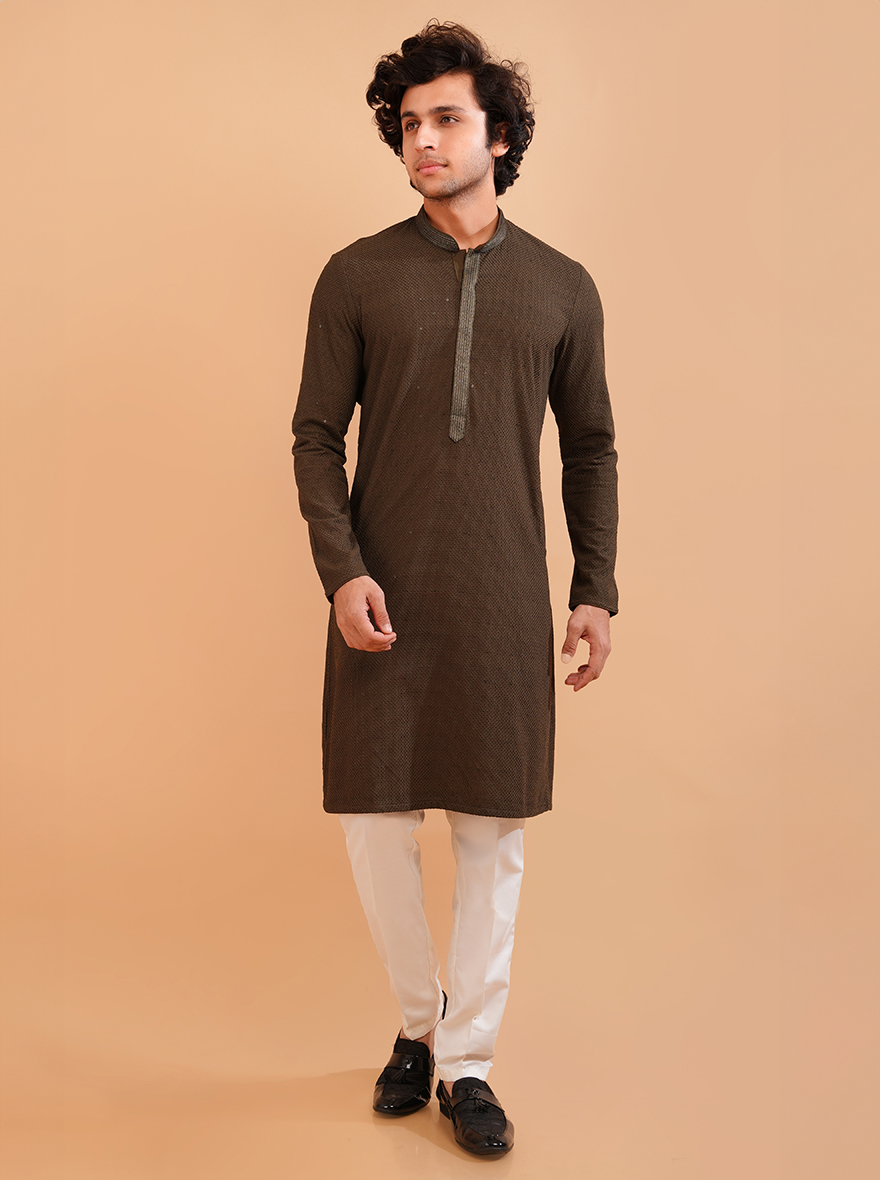 Men's brown embroidered kurta pajama set, ideal for weddings and festive occasions.