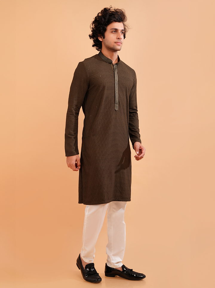 Celebrate in style with this Olive Brown Men's Kurta Pajama, ideal for traditional gatherings in the USA.