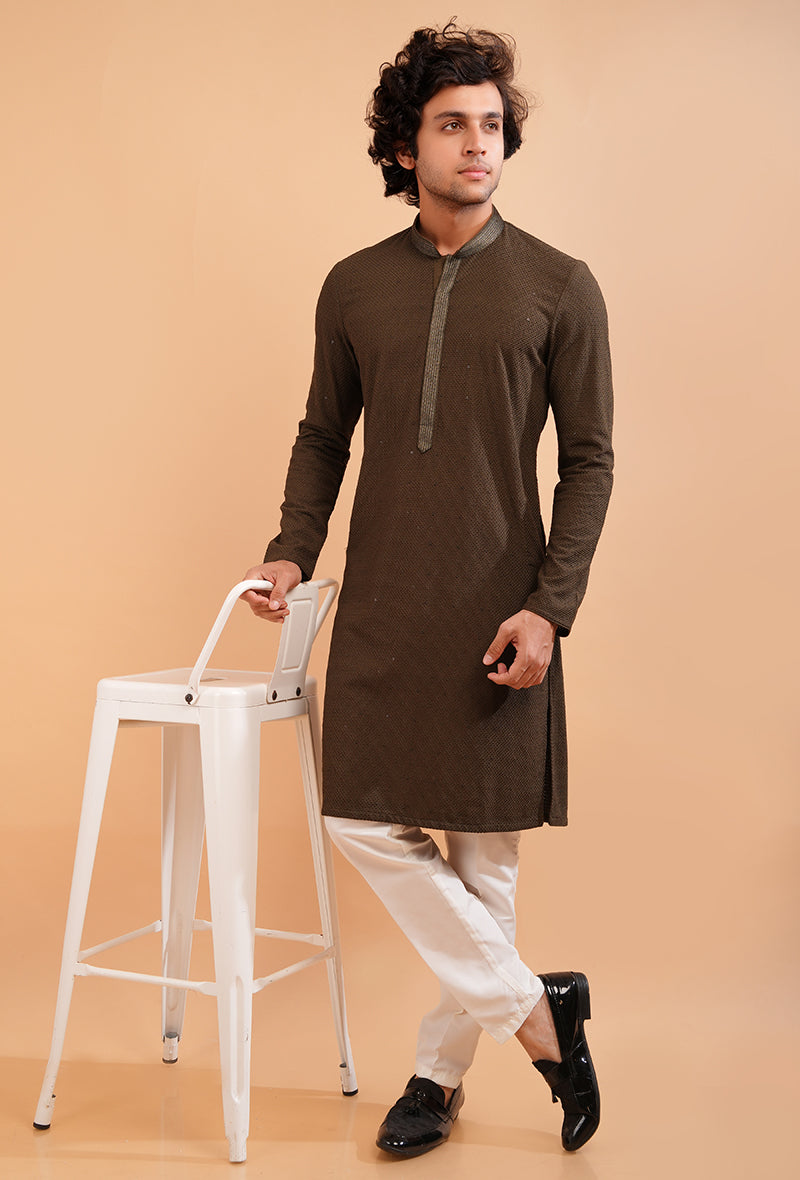 Traditional brown kurta pajama set with embroidered detailing, perfect for USA customers.