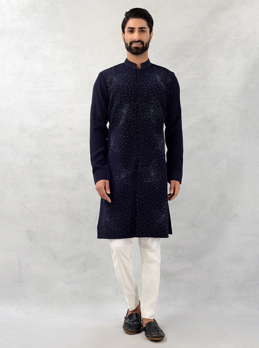 Navy Blue Sun Silk Kurta Pajama with Beads & Sali Embroidery