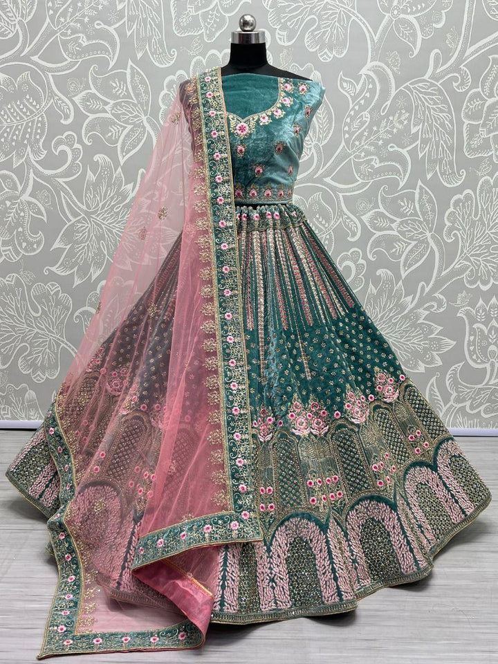 Regal Teal Blue Velvet Lehenga Choli | Fancy Dori & Diamond Work for Brides