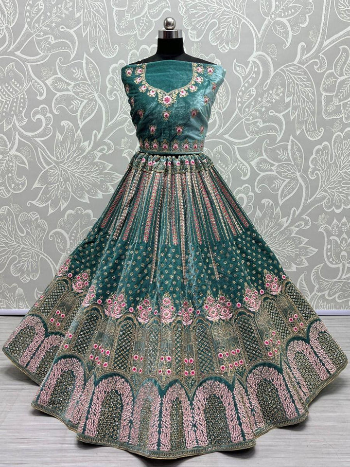 Regal Teal Blue Velvet Lehenga Choli | Fancy Dori & Diamond Work for Brides