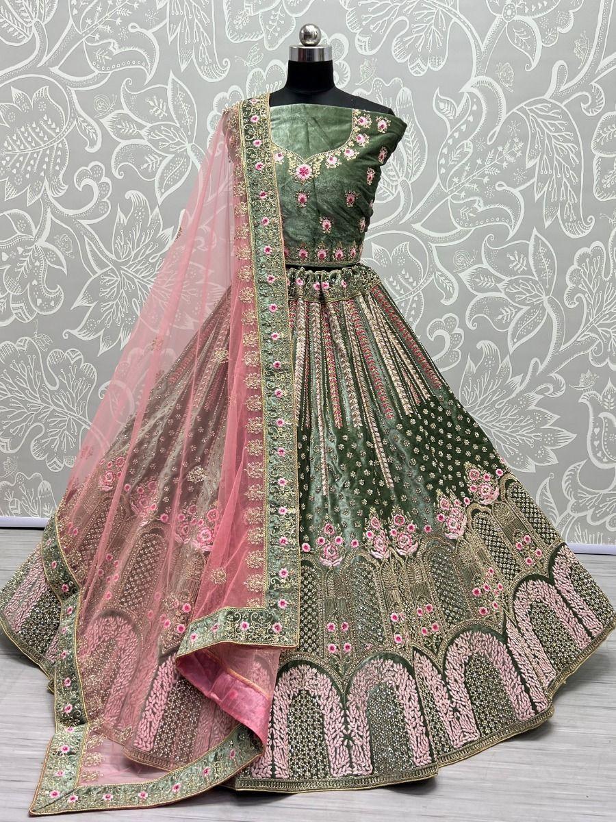 Enchanting Green Velvet Lehenga Choli | Fancy Dori & Diamond Work