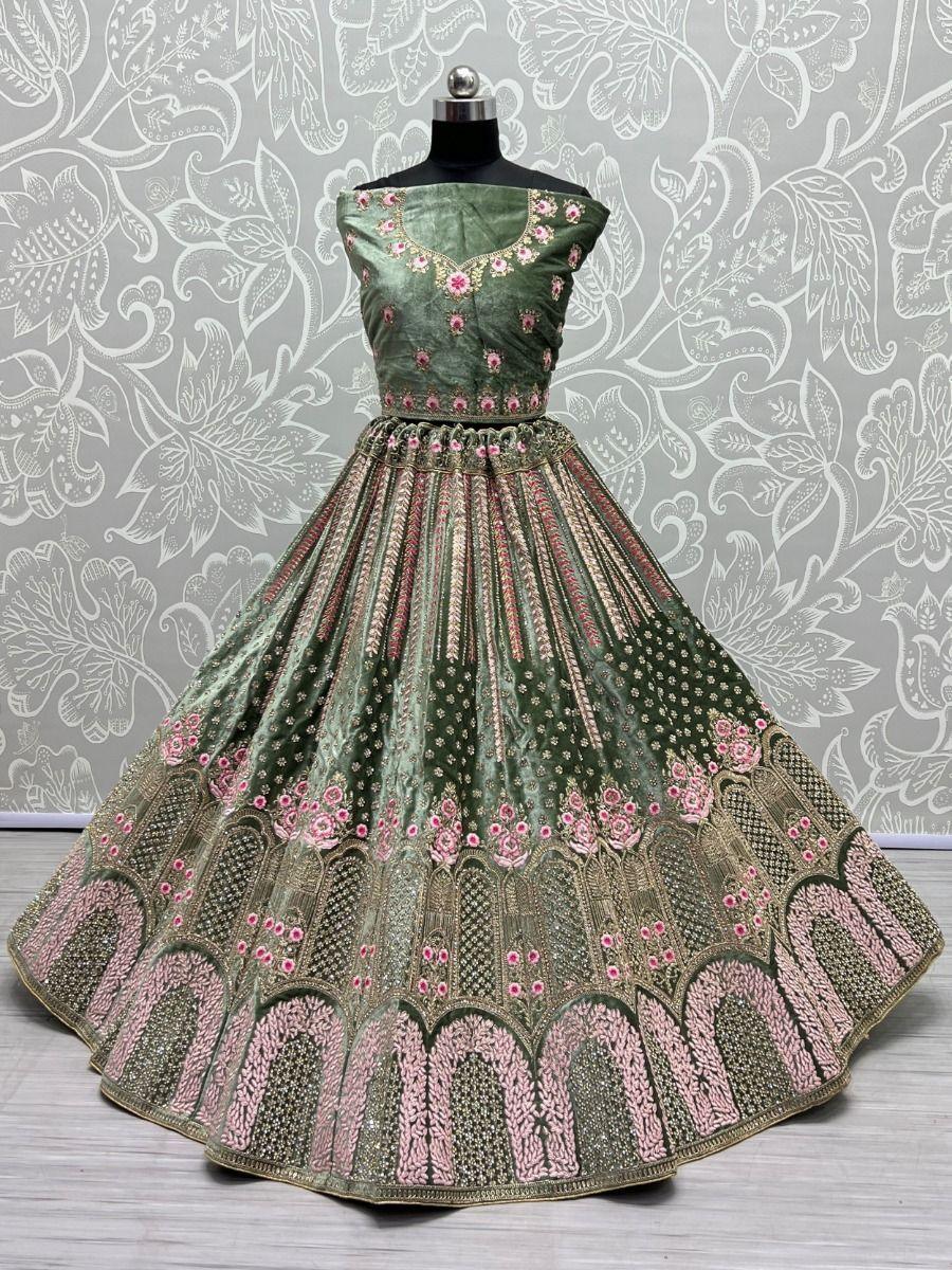 Enchanting Green Velvet Lehenga Choli | Fancy Dori & Diamond Work