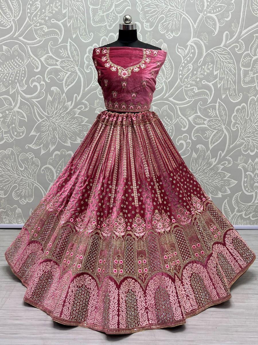 Beautiful Pink Dori Work Velvet Lehenga Choli | Bridal Reception Ensemble