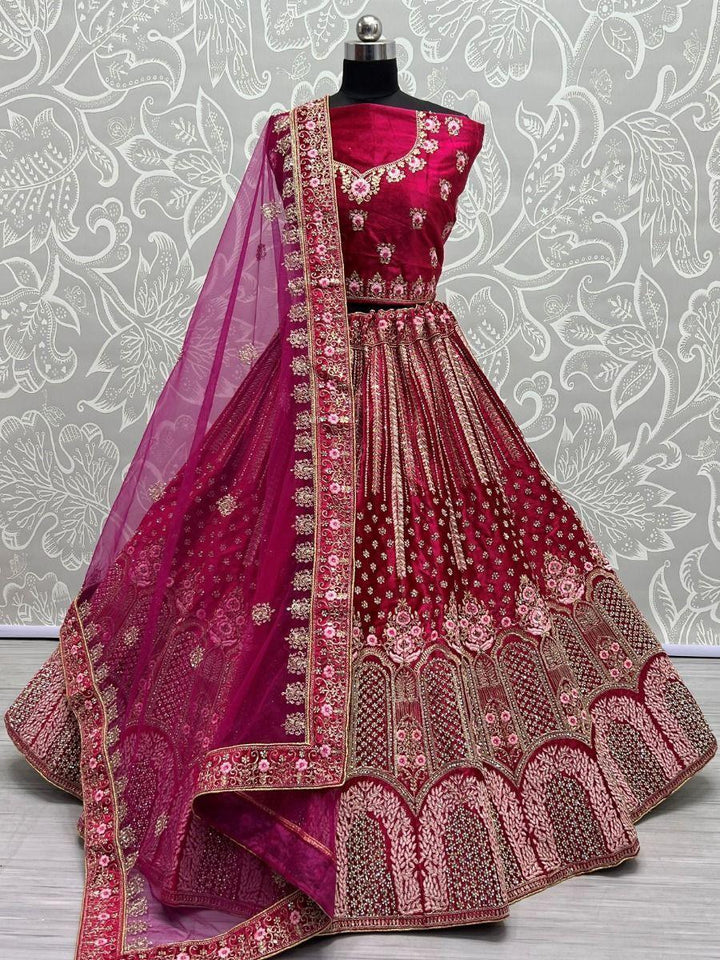 Bridal Pink Velvet Lehenga Choli | Fancy Dori, Sequins & Diamond Work Details