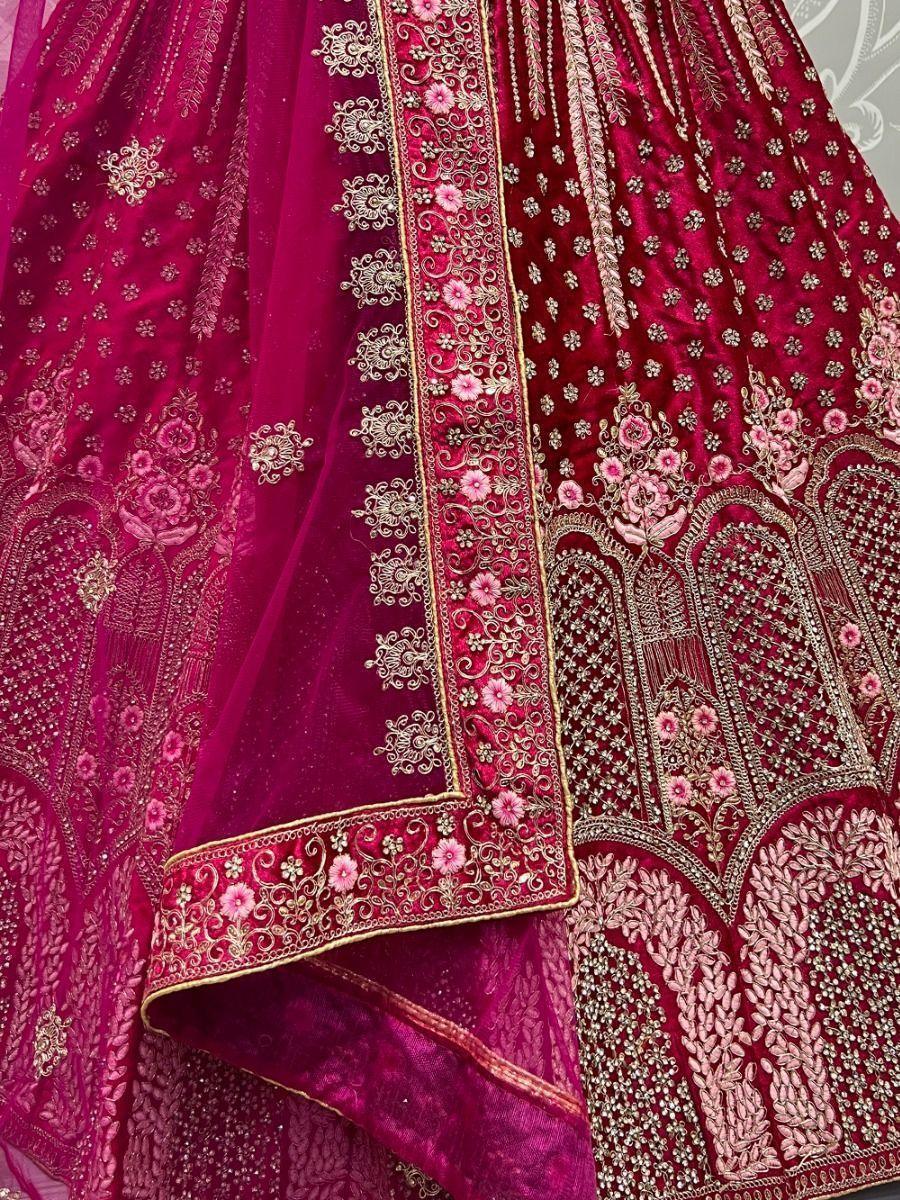 Bridal Pink Velvet Lehenga Choli | Fancy Dori, Sequins & Diamond Work Details