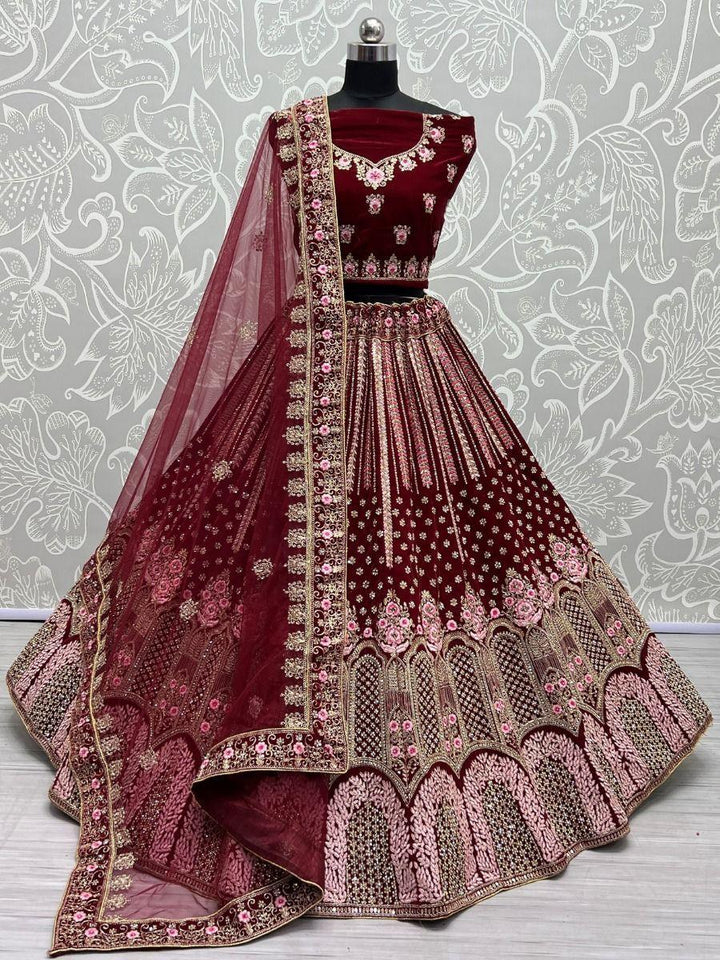 Gorgeous Maroon Velvet Lehenga Choli | Diamond Work & Net Dupatta for Brides