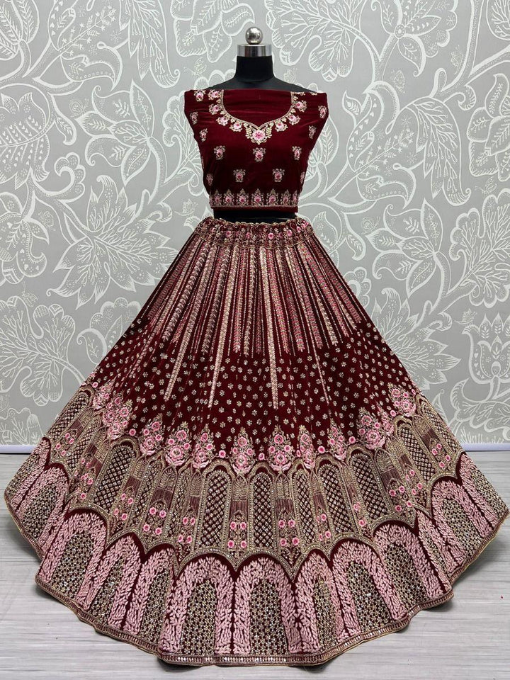 Gorgeous Maroon Velvet Lehenga Choli | Diamond Work & Net Dupatta for Brides