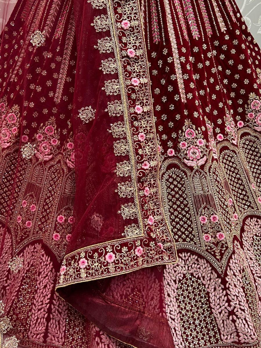 Gorgeous Maroon Velvet Lehenga Choli | Diamond Work & Net Dupatta for Brides