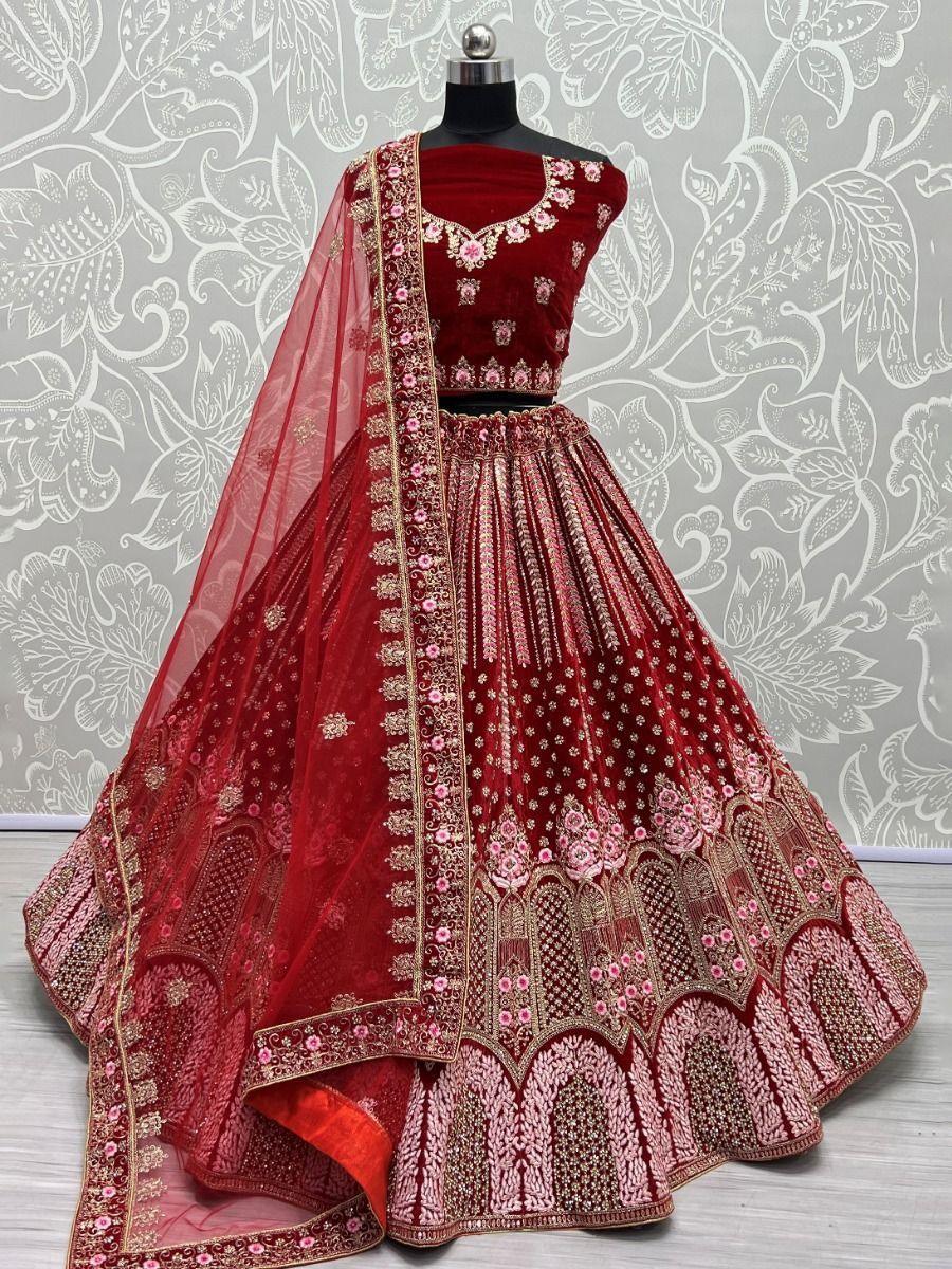 Adorable Red Multi-Thread Work Velvet |Bridal Lehenga Choli with Dupatta